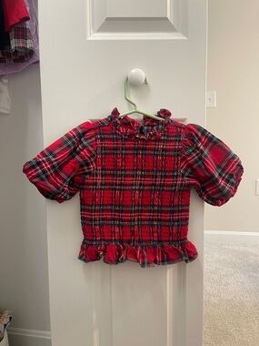 Red Plaid Smocked Ruffle Kids Top